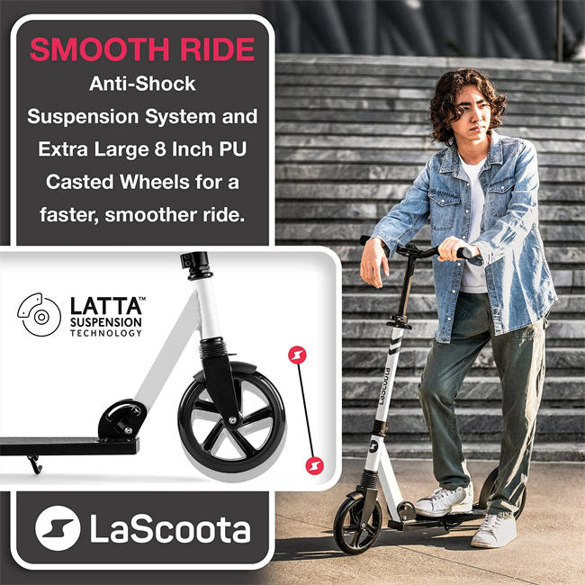 LaScoota Professional Scooter for Ages 6+, Teens & Adults I Lightweight & Big Sturdy Wheels for Kids, Teen and Adults. A Foldable Kick Scooter for Indoor & Outdoor Fun. Great Gift & Toy. Up to 220 lbs